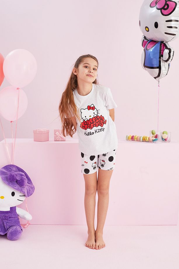 Hello Kitty Lisanslı %100 Pamuk Gri Çok Renkli Bisklet Yaka Şort Pijama Takım - 4