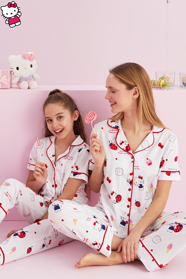 Hello Kitty Licensed 100% Cotton White Multicolor Buttoned Piping Pajamas Set