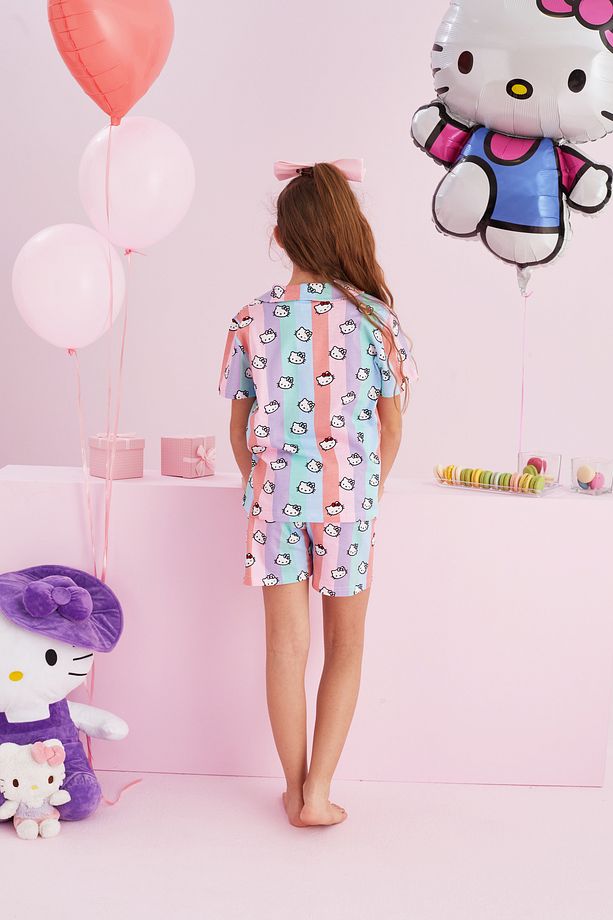 Hello Kitty Lisanslı %100 Pamuk Çok Renkli Düğmeli Şort Pijama Takım - 5