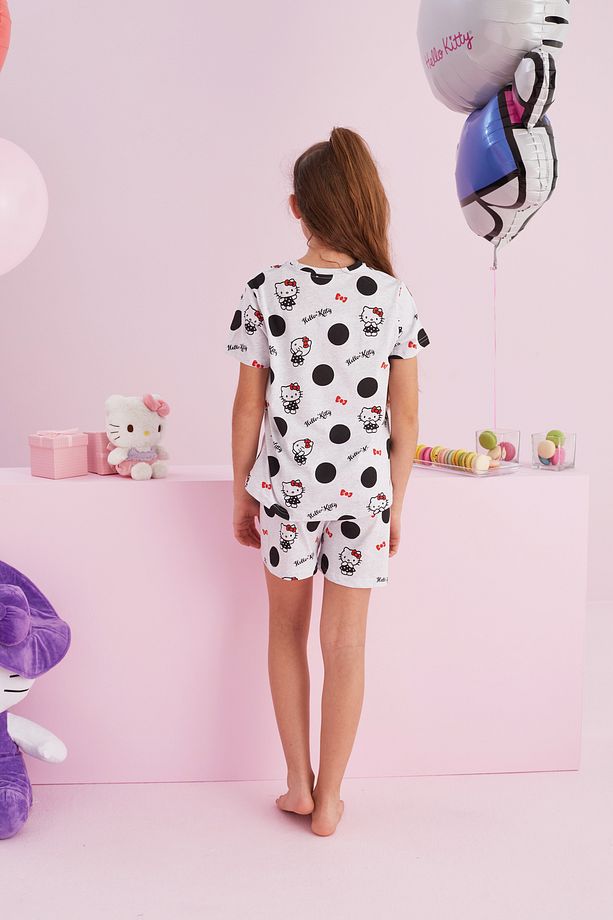 Hello Kitty Lisanslı %100 Pamuk Gri Çok Renkli Bisklet Yaka Şort Pijama Takım - 5