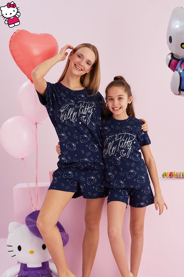 Hello Kitty Lisanslı %100 Pamuk Lacivert Çok Renkli Bisklet Yaka Şort Pijama Takım - 1