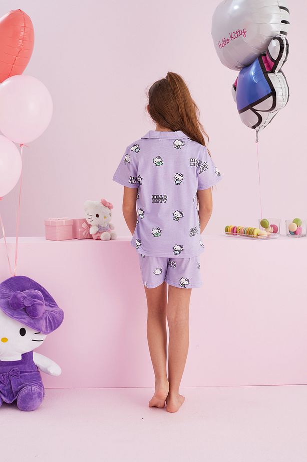 Hello Kitty Lisanslı %100 Pamuk Lila Çok Renkli Düğmeli Şort Pijama Takım - 5