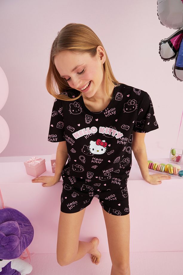 Hello Kitty Lisanslı %100 Pamuk Siyah Çok Renkli Bisklet Yaka Şort Pijama Takım - 2