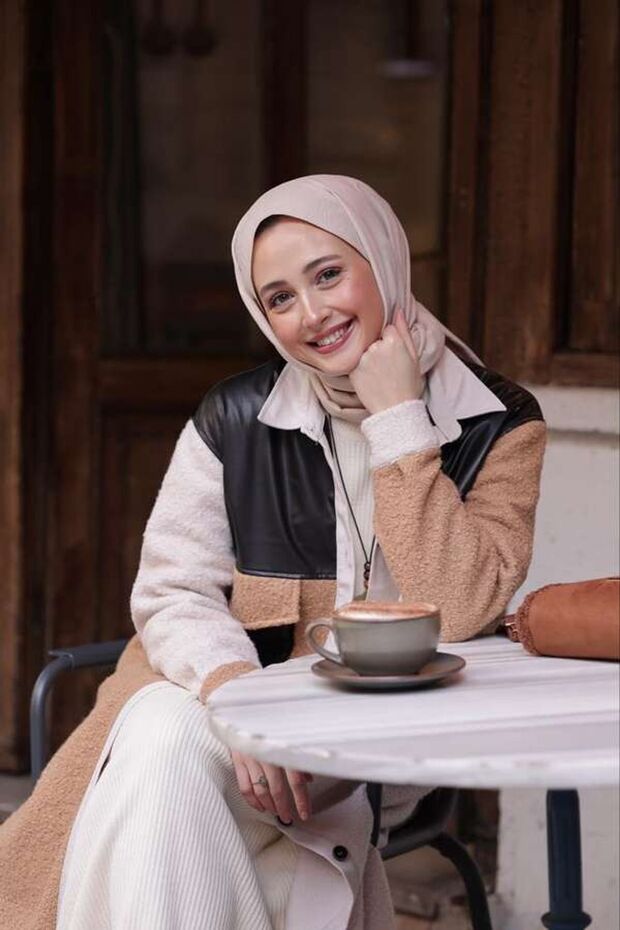 Kadın Patchwork Siyah Derili Gömlek-Bej - 1