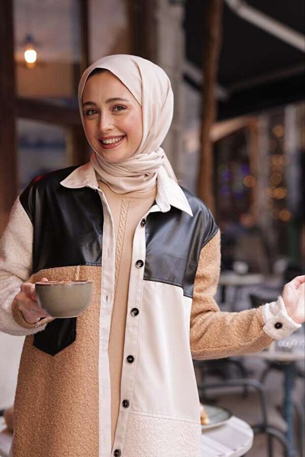 Kadın Patchwork Siyah Derili Gömlek-Bej - 2