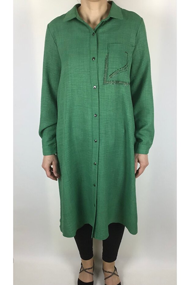 Linen AYROBIN BUTTON-FRONT TUNIC SHIRT WITH POCKETS AND STONE-EMBELLISHED CUFFED SLEEVES.