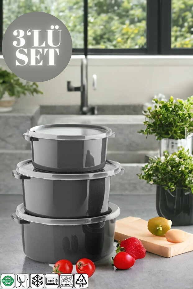 Set of 3 Anthracite Round Storage Containers for Microwave and Freezer