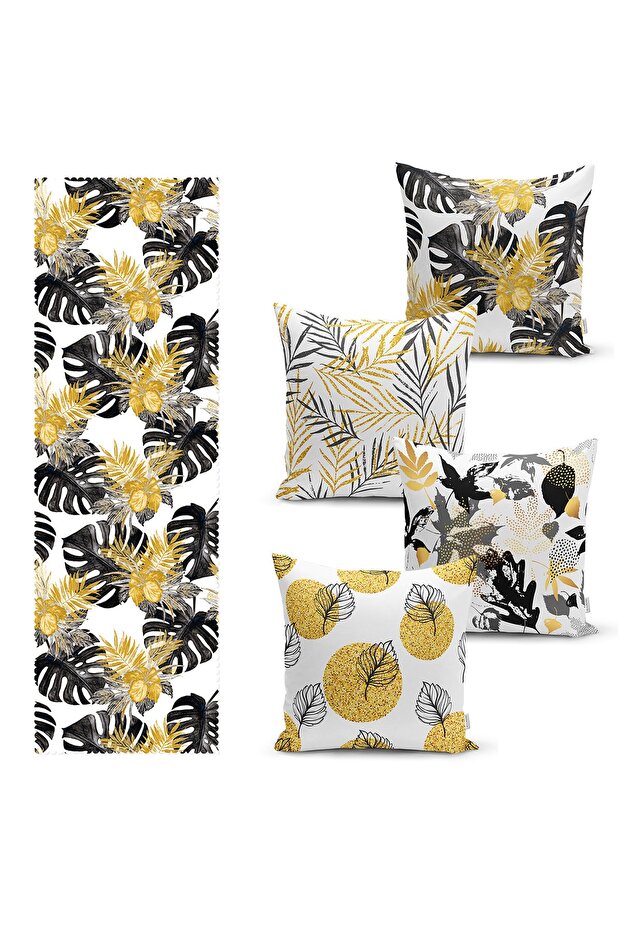 Tropical Leaf Motif Throw Pillow Cover Set of 4 and Runner 1 Piece