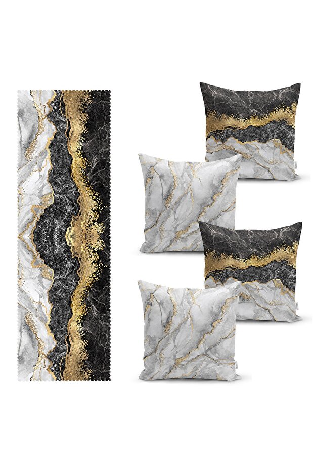 Black Marble Motif Set of 4 Throw Pillow Covers and 1 Runner