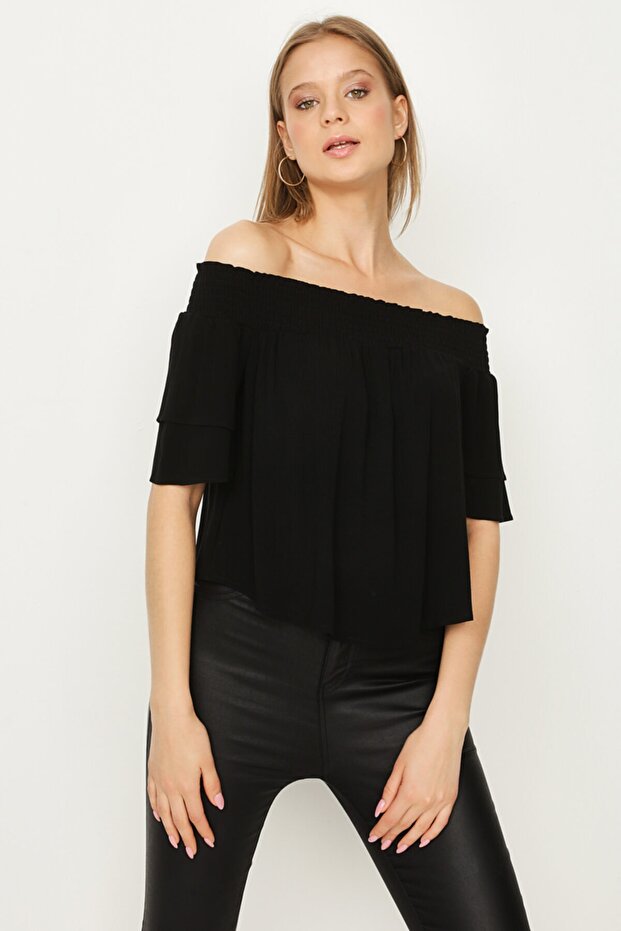 Kadın Siyah Carmen Yaka Bluz - 2