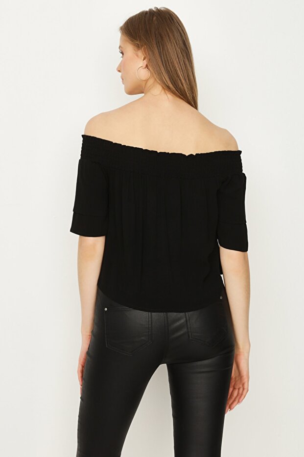 Kadın Siyah Carmen Yaka Bluz - 4