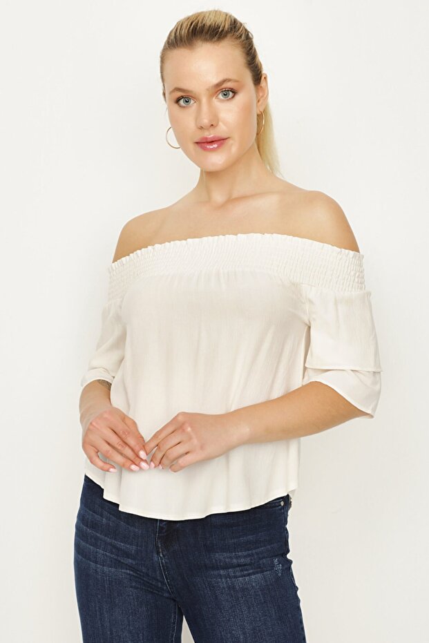 Kadın Krem Carmen Yaka Bluz - 2
