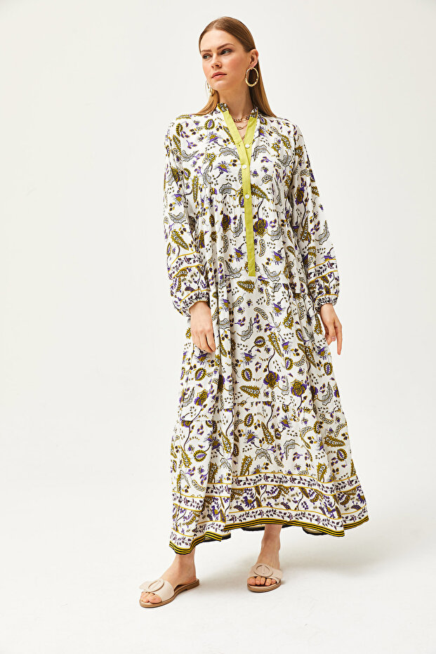 Damska szalowa, olejowo-zielona kołnierzyka, szczegółowa, luźna sukienka maxi zapinana na guziki ELB-19002057 - 4