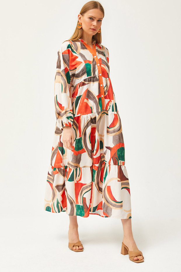 Női Kupra narancssárga gallér, részletes gombos bő maxi ruha ELB-19002057 - 1