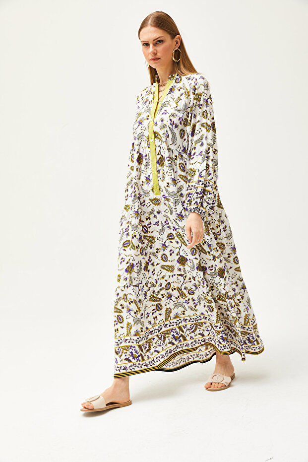 Damska szalowa, olejowo-zielona kołnierzyka, szczegółowa, luźna sukienka maxi zapinana na guziki ELB-19002057 - 6