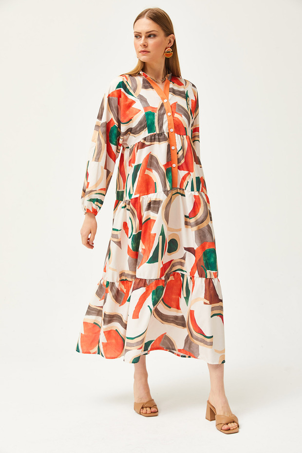 Női Kupra narancssárga gallér, részletes gombos bő maxi ruha ELB-19002057 - 4