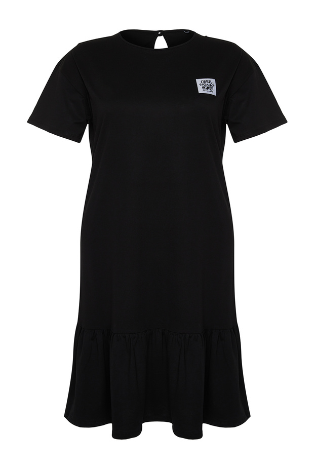 Siyah Eteği Fırfırlı Etiket Detaylı %100 Pamuk Örme Büyük Beden T-shirt Elbise TBBSS24AH00171 - 7