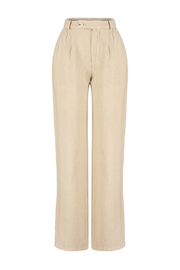 Bej %100 Keten Pileli Yüksek Bel Wide Leg Pantolon TWOSS24JE00245 - 7