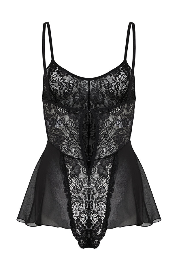 Siyah Dantel Bacak Bantlı İp Askılı Çıtçıtlı Örme Body THMSS24BD00001 - 9