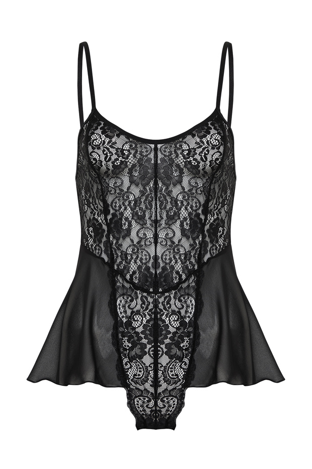 Siyah Dantel Bacak Bantlı İp Askılı Çıtçıtlı Örme Body THMSS24BD00001 - 7