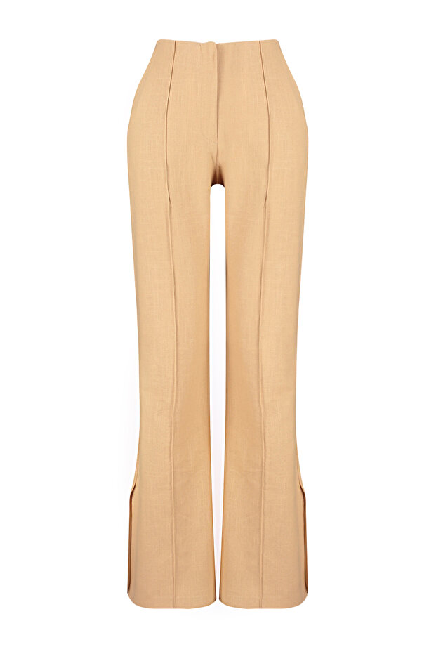 Camel Premium Straight/Düz Kesim Keten Dokuma Pantolon TWOSS24PL00079 - 8