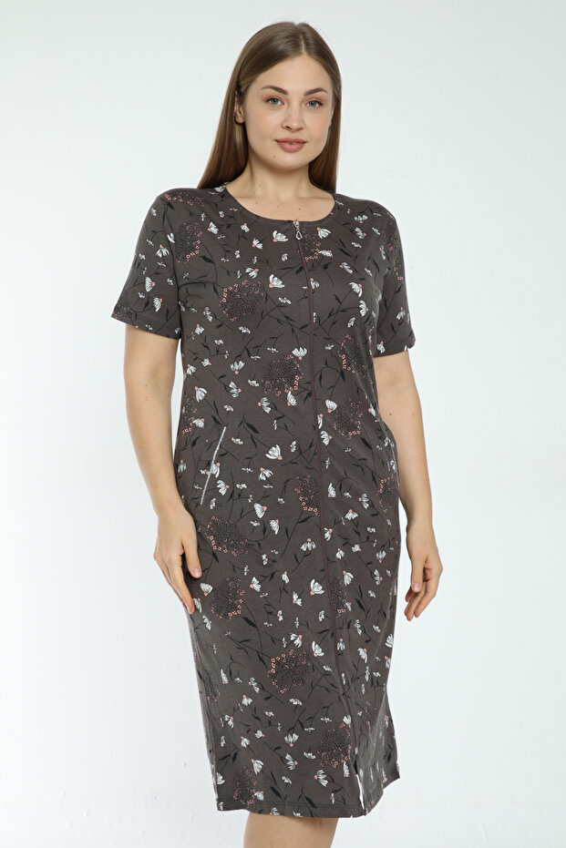 Women's Floral Print Large Size Cotton Short Sleeve Dress with Zipper Pockets