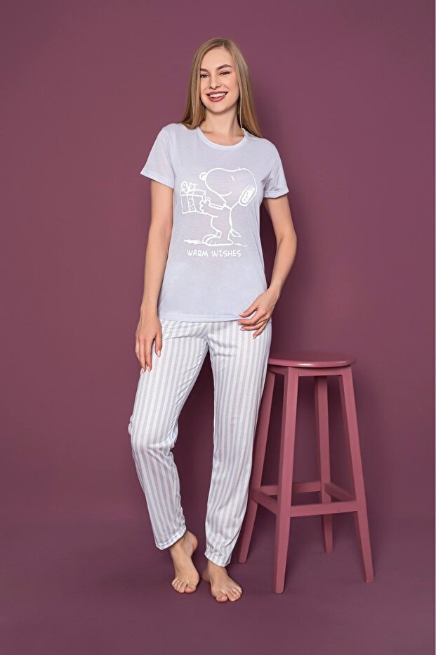 Sıfır Yaka Kısa Kol Snoopy Desen Pijama Takımı - 1