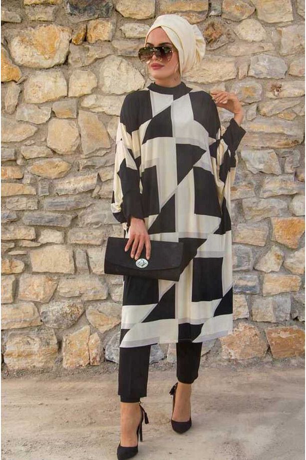 Ekru Siyah Kareli Oversize Tesettür Tunik - 2