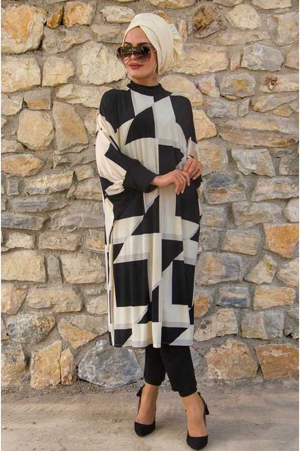 Ekru Siyah Kareli Oversize Tesettür Tunik - 5