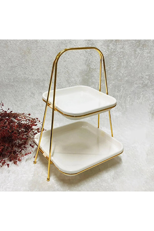 Two-Tier Presentation Set of 2 Plates Metal Environmental Accessory Modern Stylish Porcelain Presentation Set