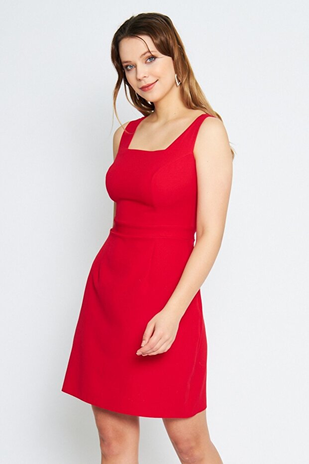 Women's Wide Strap Square Collar Mini Red Dress