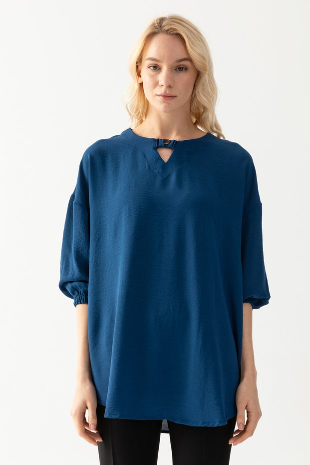 Women's Indigo Collar Button Detailed Sleeves Smocked Half Sleeve Loose Cut Aerobin Blouse