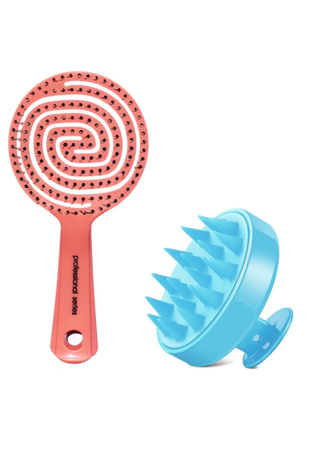 Pink Pro Three Dimensional Oval Hair Brush And Blue Silicone Shower Massage Comb
