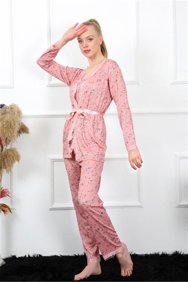 Women's 3-Piece Dusty Rose Dressing Gown Pajamas Set 16103