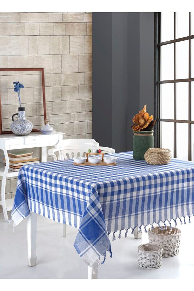 مفرش طاولة أزرق كبير بنمط مربع 150x150 سم - 1