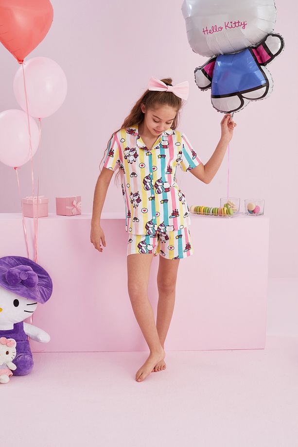 Hello Kitty Lisanslı %100 Pamuk Çok Renkli Düğmeli Şort Pijama Takım - 4