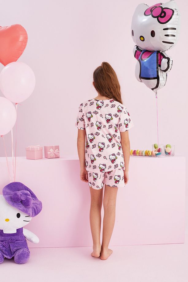 Hello Kitty Lisanslı %100 Pamuk Pembe Çok Renkli Bisklet Yaka Şort Pijama Takım - 5