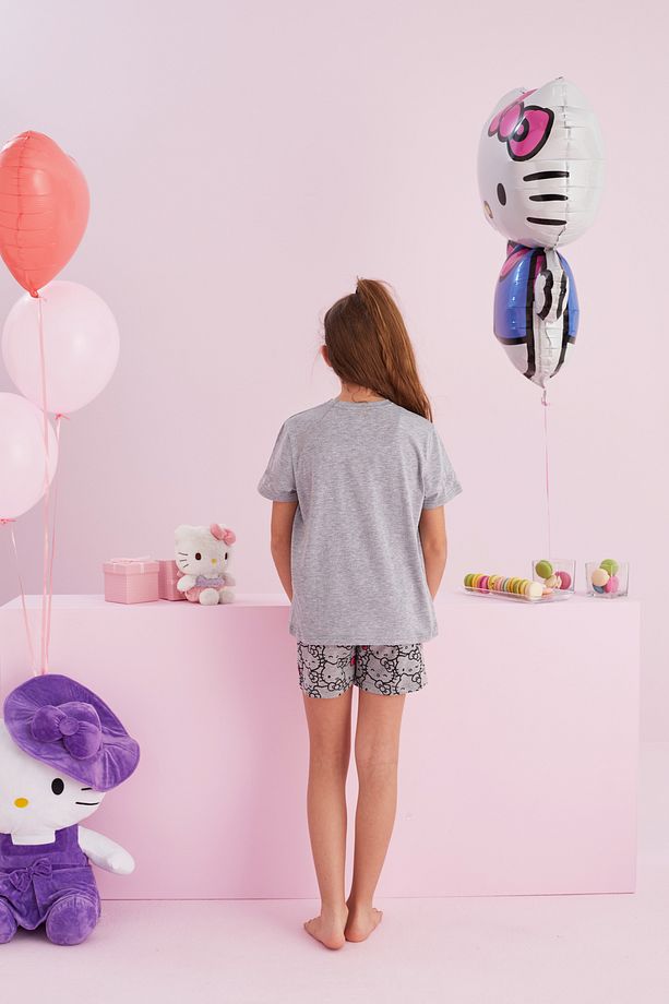 Hello Kitty Lisanslı %100 Pamuk Gri Çok Renkli Bisklet Yaka Şort Pijama Takım - 5