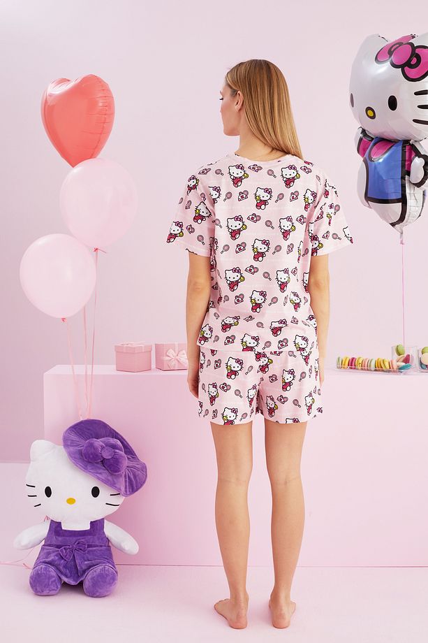 Hello Kitty Lisanslı %100 Pamuk Pembe Çok Renkli Bisklet Yaka Şort Pijama Takım - 3