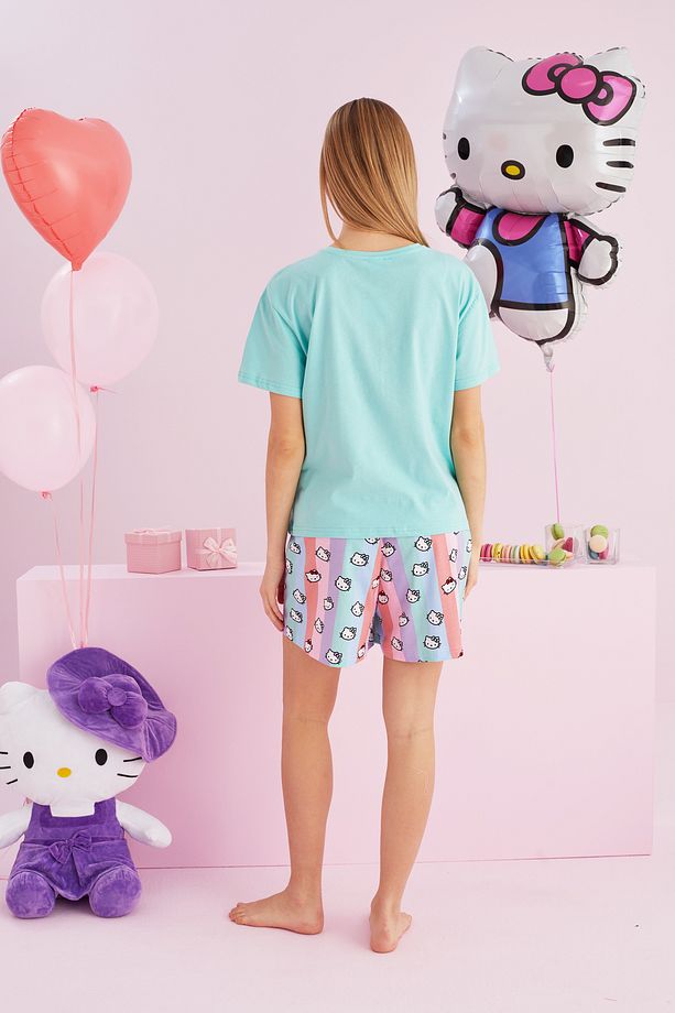 Hello Kitty Lisanslı %100 Pamuk Yeşil Çok Renkli Bisklet Yaka Şort Pijama Takım - 3