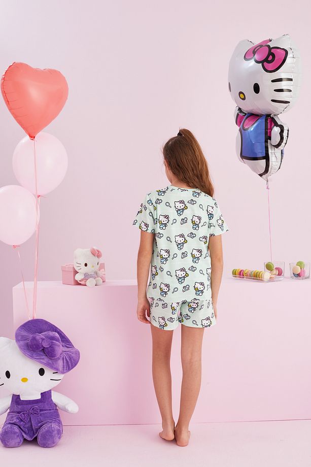 Hello Kitty Lisanslı %100 Pamuk Yeşil Çok Renkli Bisklet Yaka Şort Pijama Takım - 5