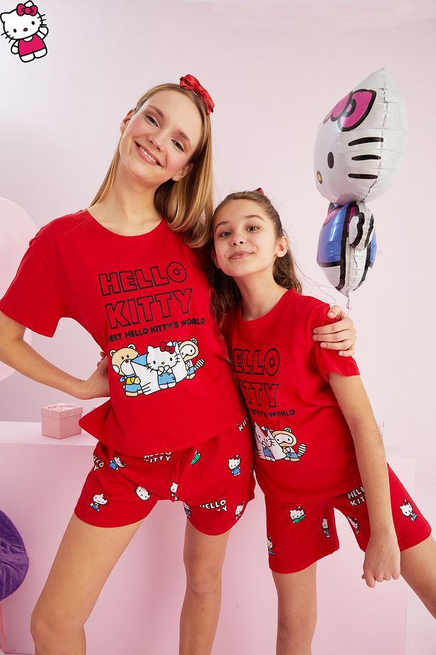 Hello Kitty Lisanslı %100 Pamuk Kırmızı Çok Renkli Bisklet Yaka Şort Pijama Takım - 1