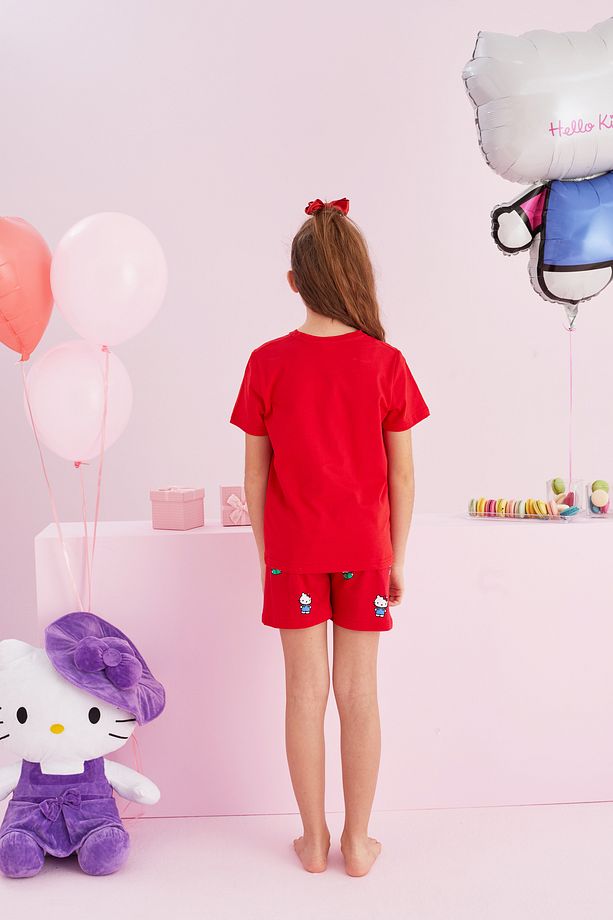 Hello Kitty Lisanslı %100 Pamuk Kırmızı Çok Renkli Bisklet Yaka Şort Pijama Takım - 5