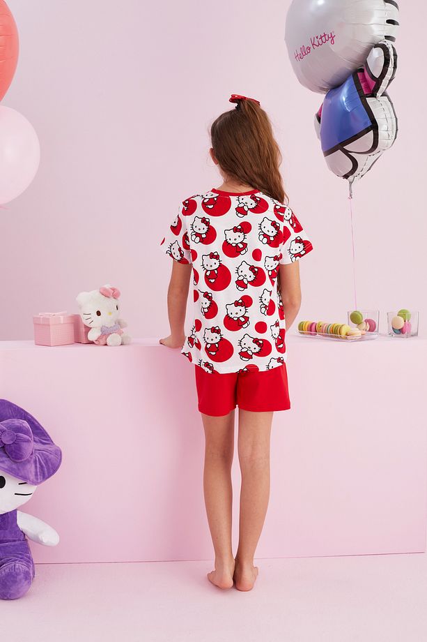Hello Kitty Lisanslı %100 Pamuk Kırmızı Çok Renkli Bisklet Yaka Şort Pijama Takım - 5