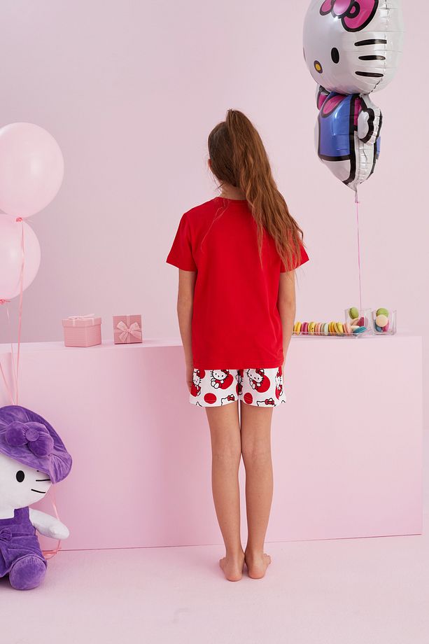 Hello Kitty Lisanslı %100 Pamuk Kırmızı Çok Renkli Bisklet Yaka Şort Pijama Takım - 5