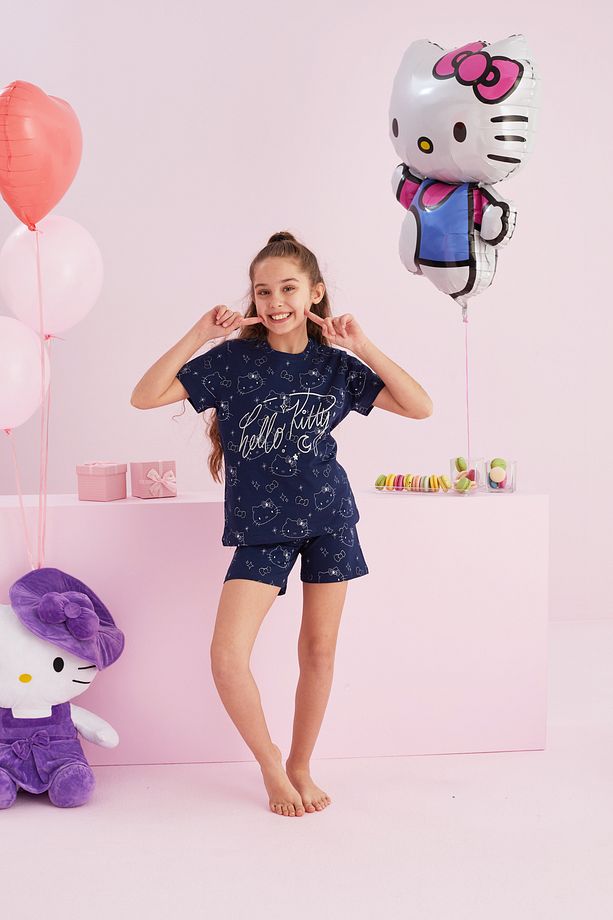 Hello Kitty Lisanslı %100 Pamuk Lacivert Çok Renkli Bisklet Yaka Şort Pijama Takım - 4