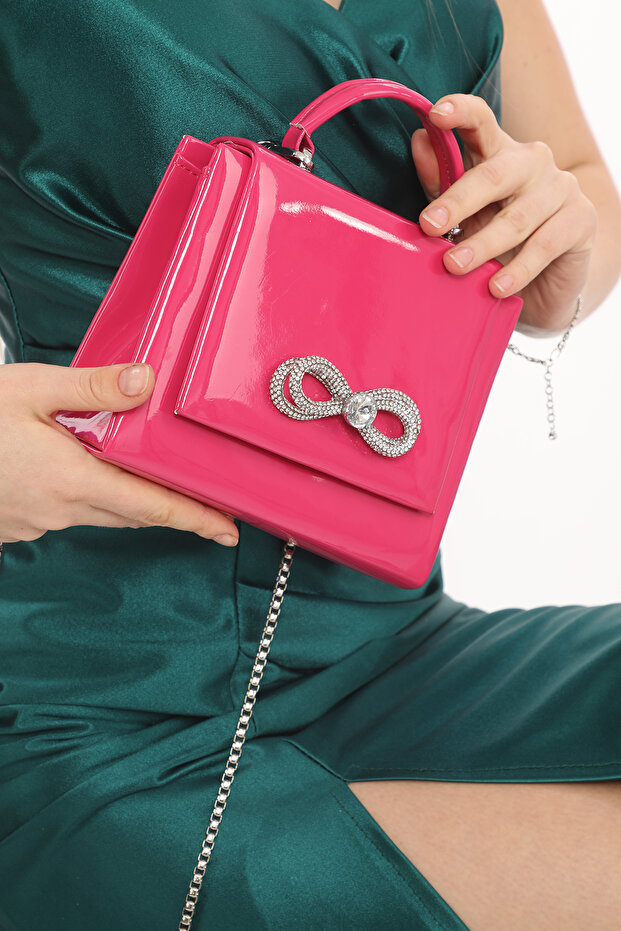 Fuchsia Color, Shiny Patent Leather Stone, Magnetic Cover, Hand and Hanging Evening Bag Width: 17.5 Cm, Length: 14 Cm