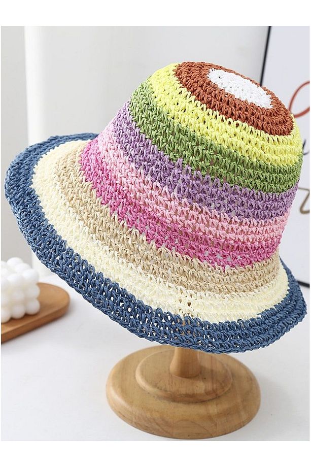 Çok Renkli Örgü Hasır Bucket Kadın Şapka - 1