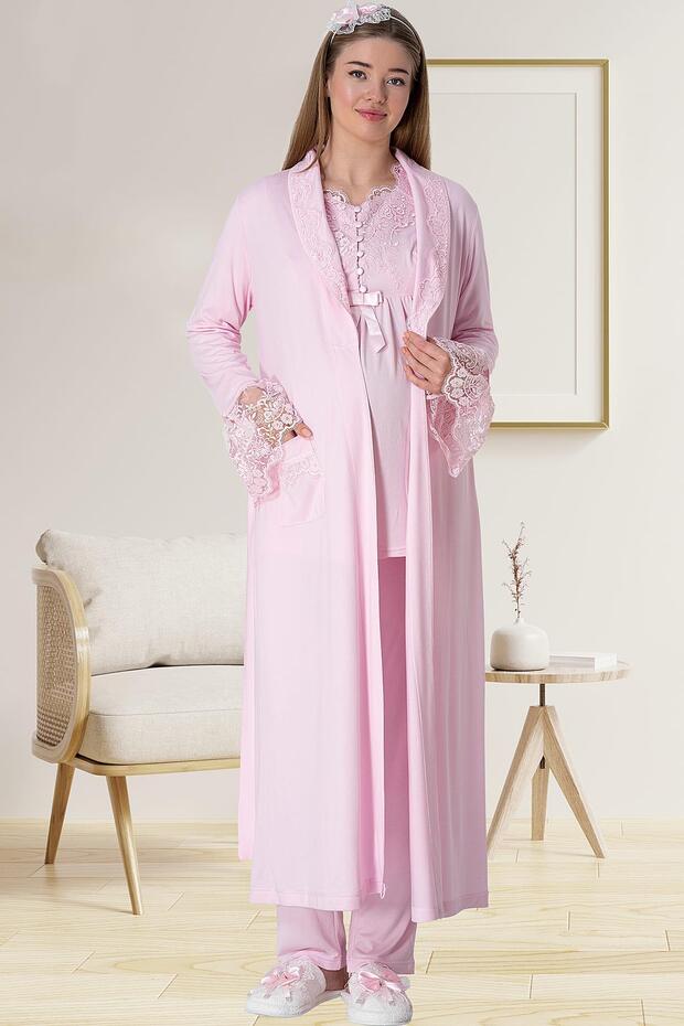 Long Dressing Gown Maternity 2-Piece Pajama Set 80% Cotton, 20% Viscose Pajamas with Adjustable Elastic Waist