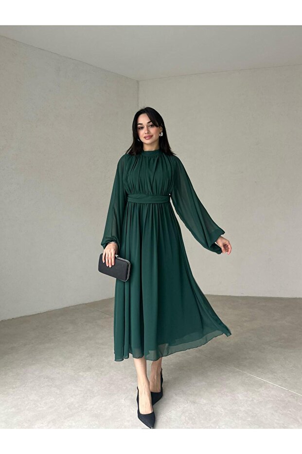 Rochie midi din șifon, cu mâneci lungi, cambrată pe talie - 3
